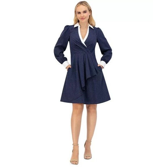 Eliza J Women's Twist-Front Cascade Collared Shirt Dress w.Pockets  White Navy 4 - Picture 1 of 9